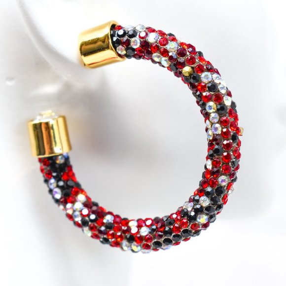 1.75" Black/Red/AB Pave Wrap Rhinestone Hoops (B) - Picture 3 of 12